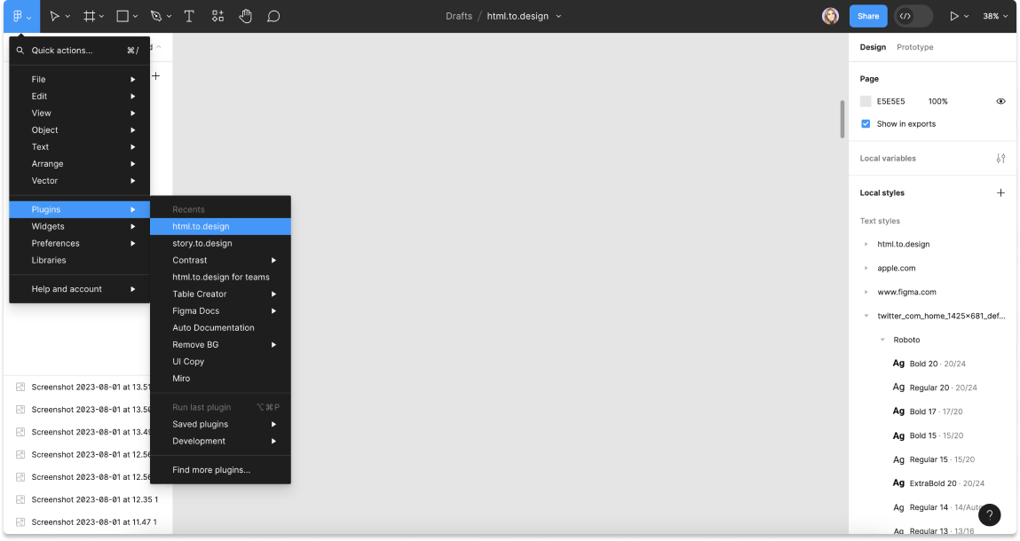 Screenshot of Figma when launching the html.to.design plugin.