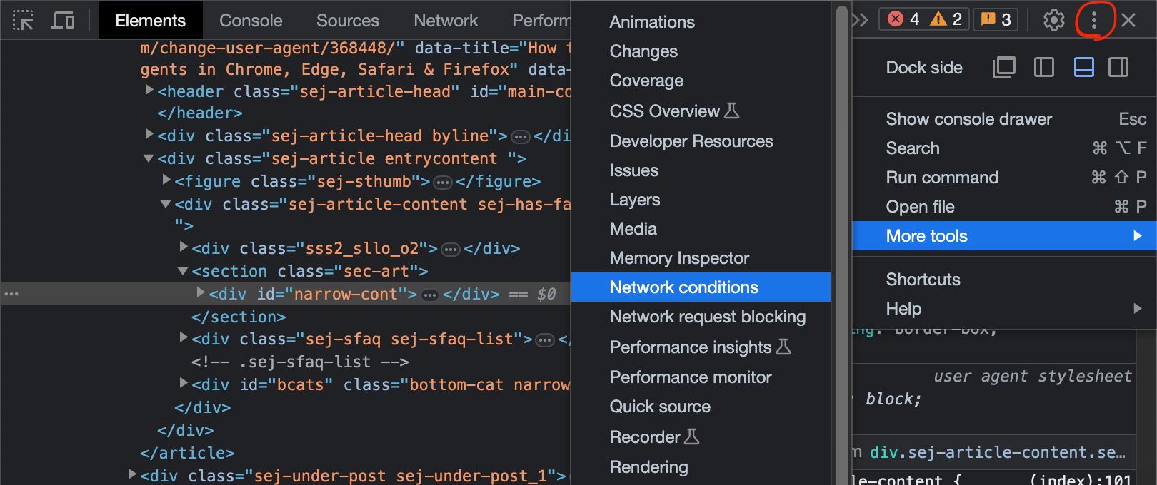 Screenshot of the devtools menu to get 'Network conditions'.