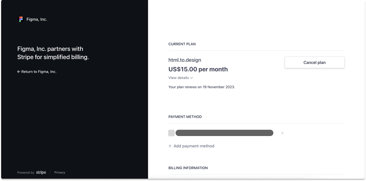 Screenshot of subscription payment methods.