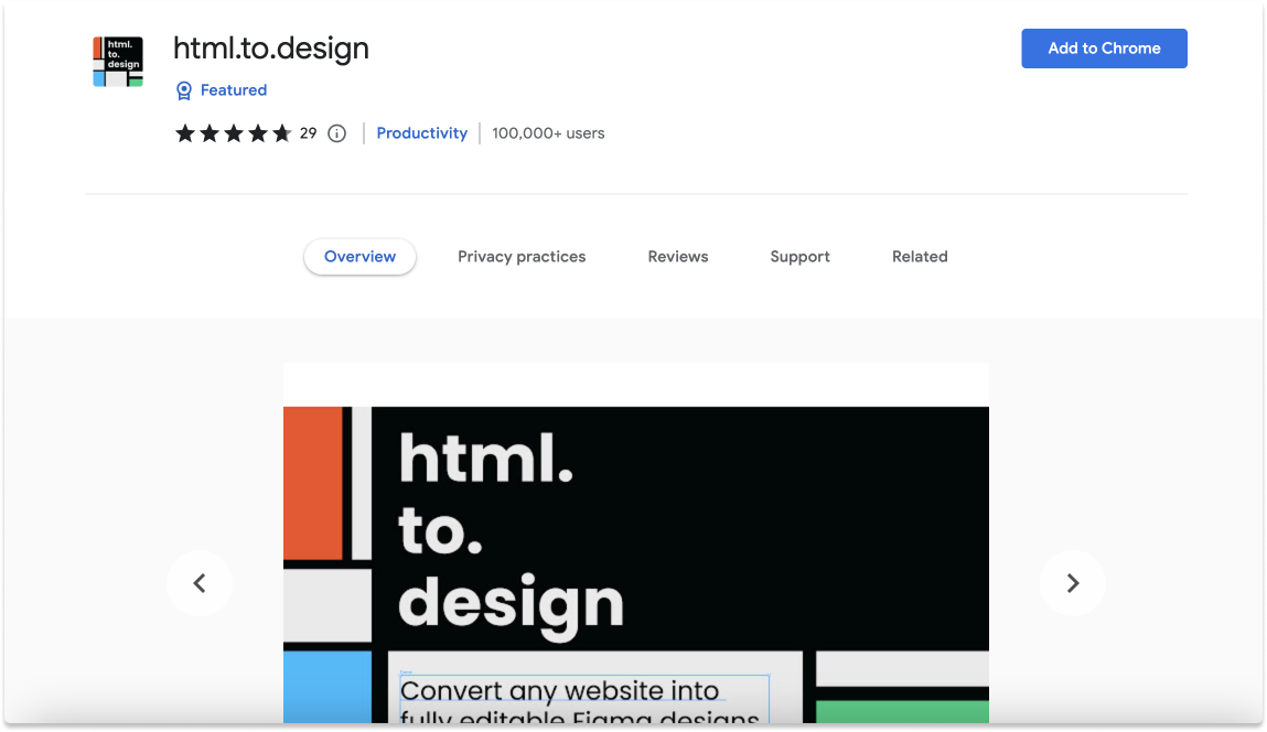 Screenshot of the html.to.design Chrome extension page.