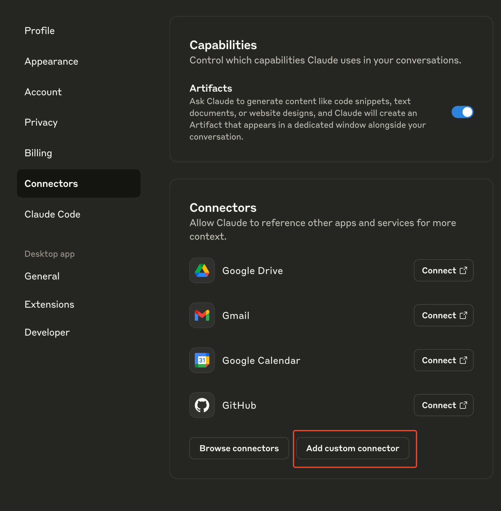 Screenshot showing 'add custom connector' button in Claude connector management modal