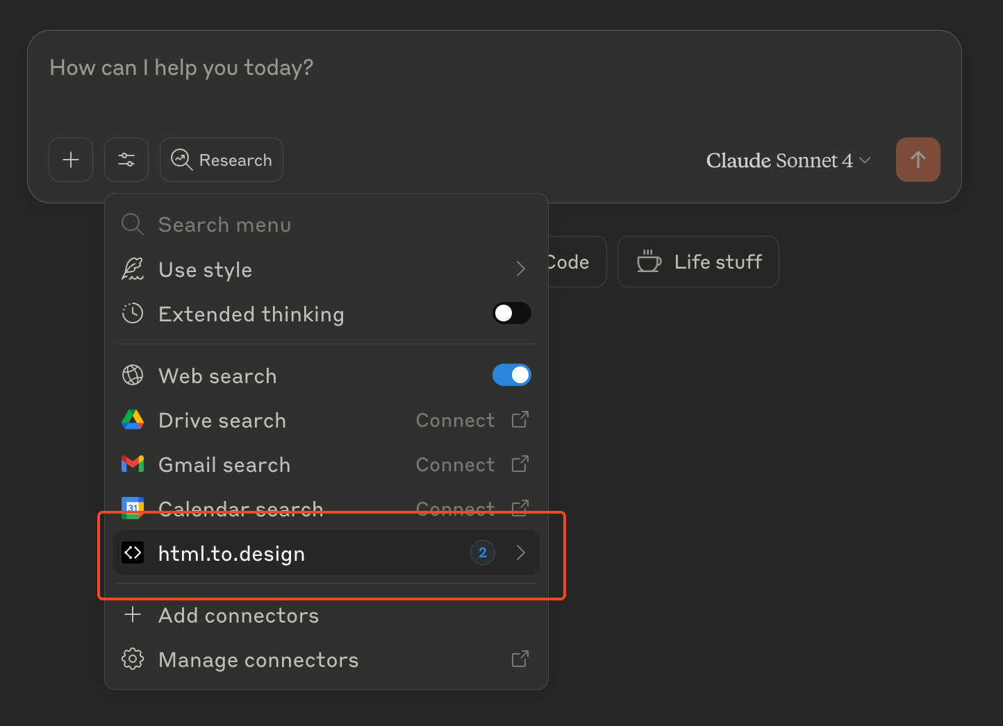 Screenshot showing html.to.design MCP tool now available in Claude