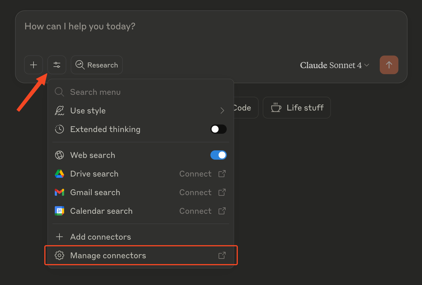 Screenshot showing 'manage connectors' item in Claude tools dropdown