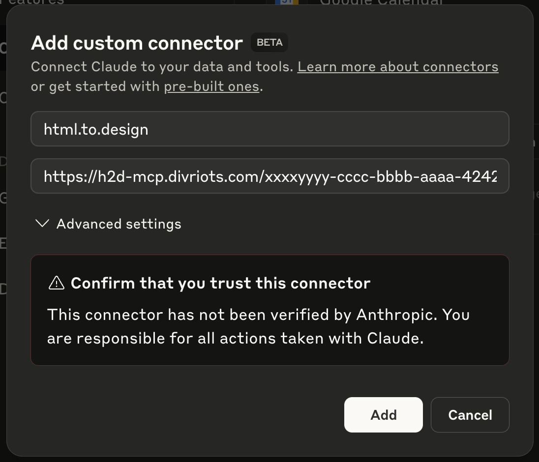 Screenshot showing example of fill new connector screen data