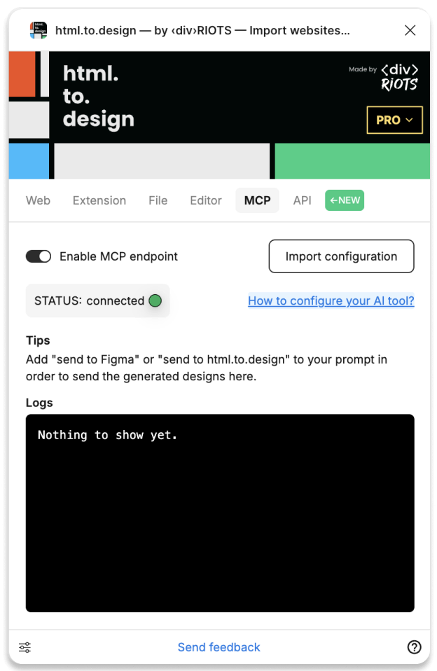 html.to.design MCP tab showing the 'Configure MCP' button
