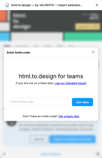 The Enter invite code dialog in the html.to.design plugin, with a field for the invite code and a Join team button