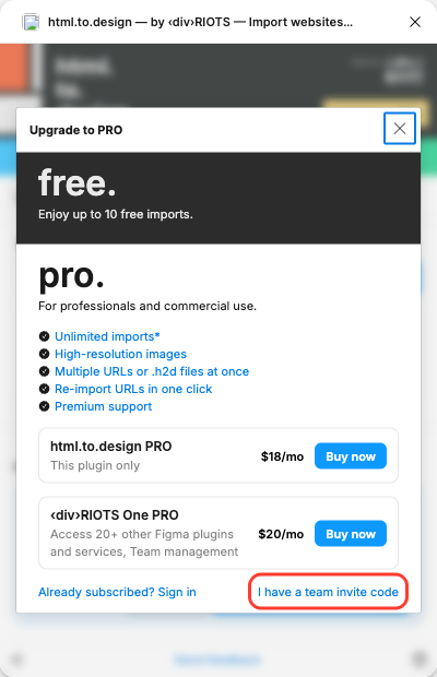 The html.to.design Upgrade to PRO dialog, with the 'I have a team invite code' link at the bottom