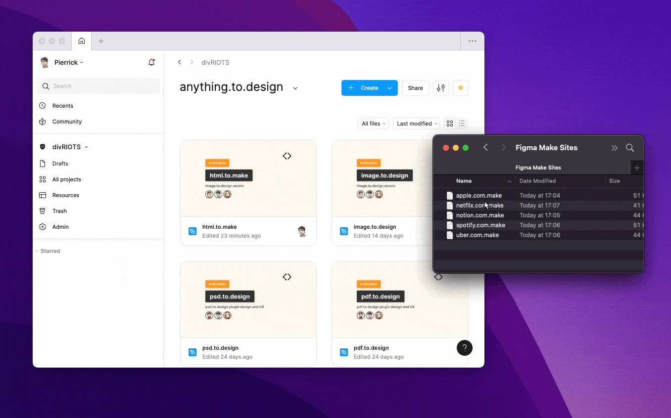 Video of drag-and-drop of .make file into Figma project browser