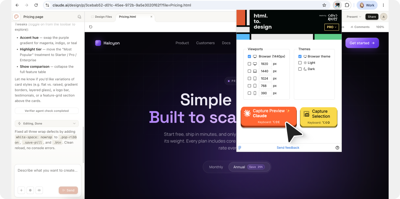 Screenshot of capturing Claude Design UI with html.to.design.