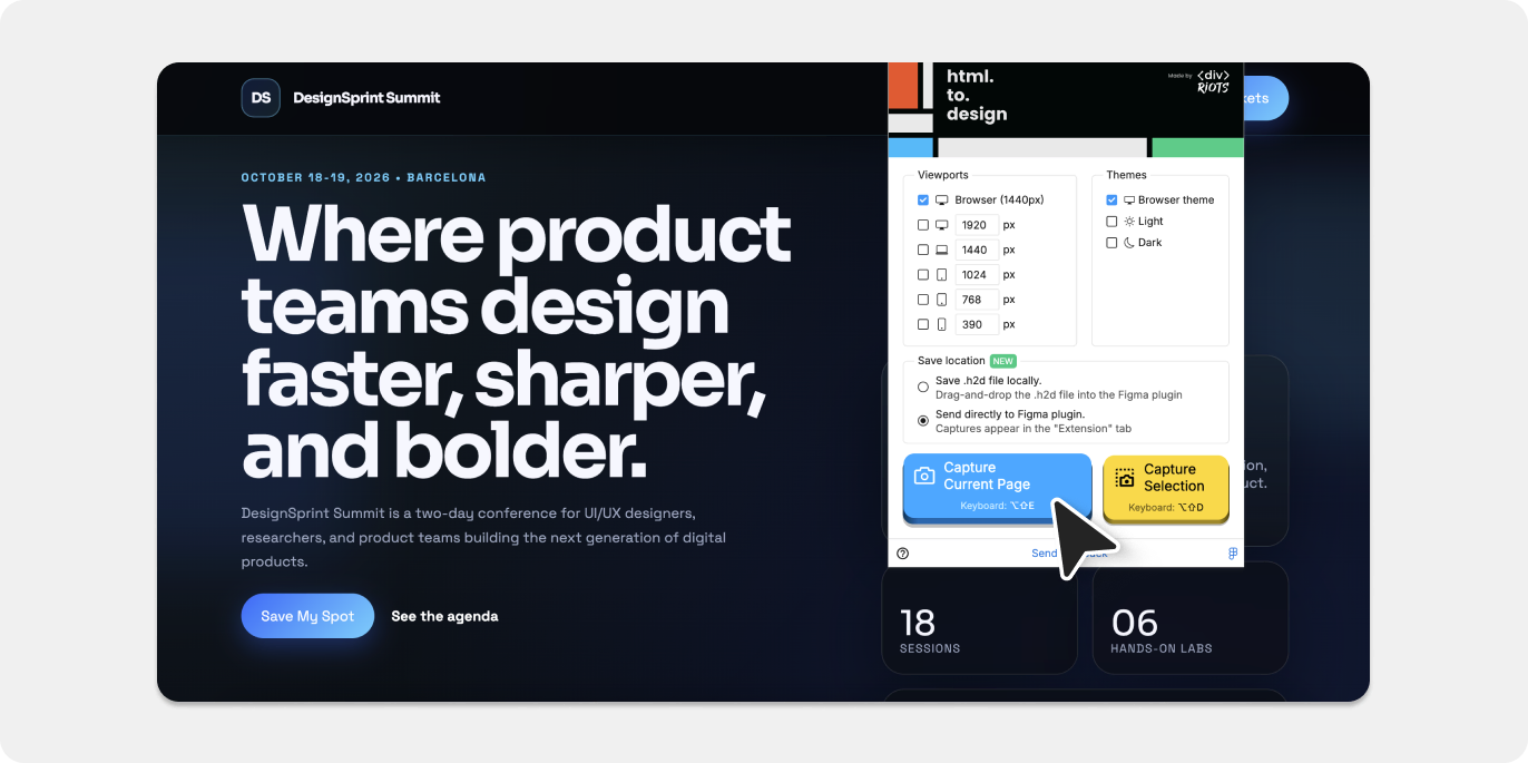 Screenshot of capturing the Codex-generated website with html.to.design browser extension.