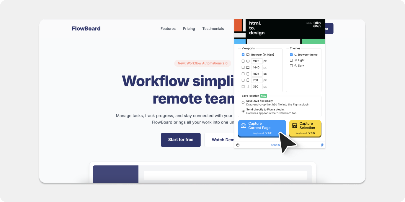 Screenshot of capturing the Gemini CLI-generated website with html.to.design browser extension.