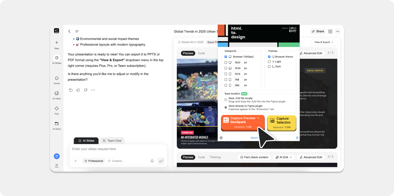 Screenshot of how to capture Genspark slides with html.to.design browser extension.
