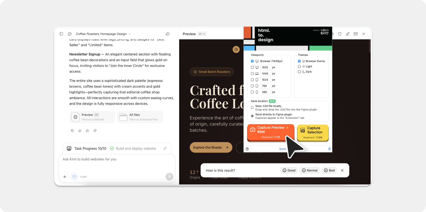 Screenshot of how to capture your kimi.com designs with the html.to.design extension.