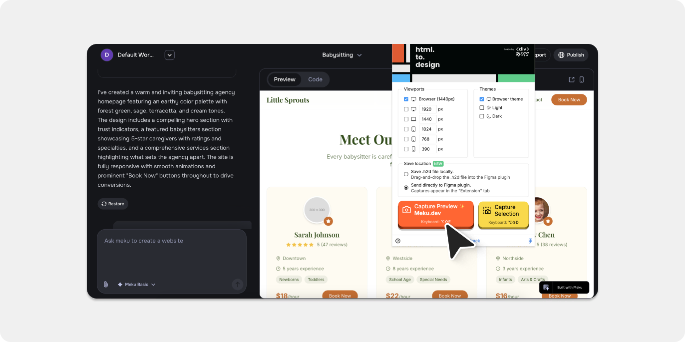 Screenshot of how to capture designs in Meku.dev