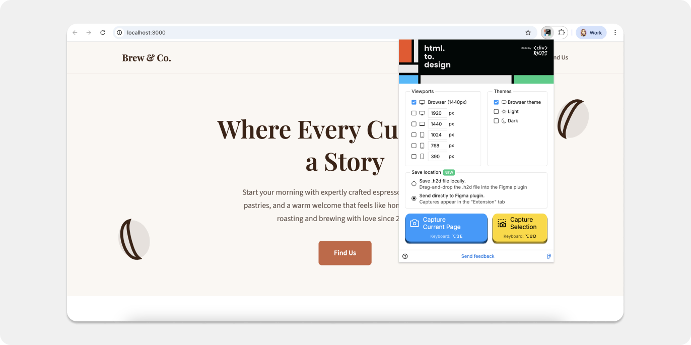 Screenshot of capturing the Opencode-generated website with html.to.design browser extension.