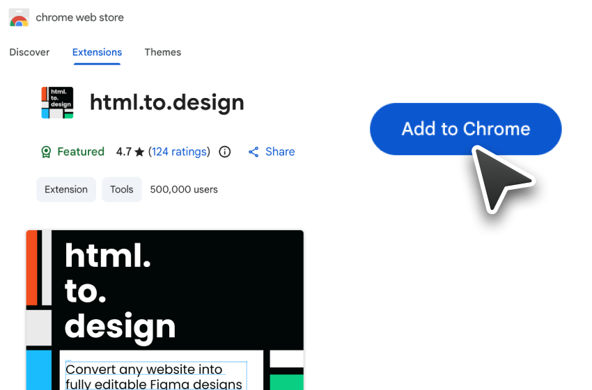 Screenshot of html.to.design Chrome extension page to install.