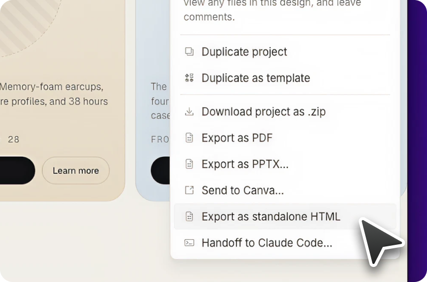 Screenshot of how to export HTML code of Claude Design prototype.