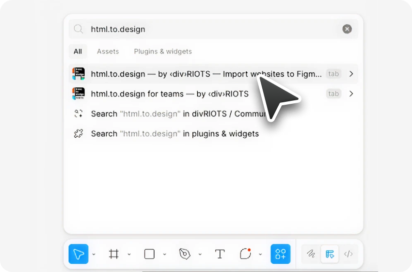Screenshot of how to launch the html.to.design Figma plugin.