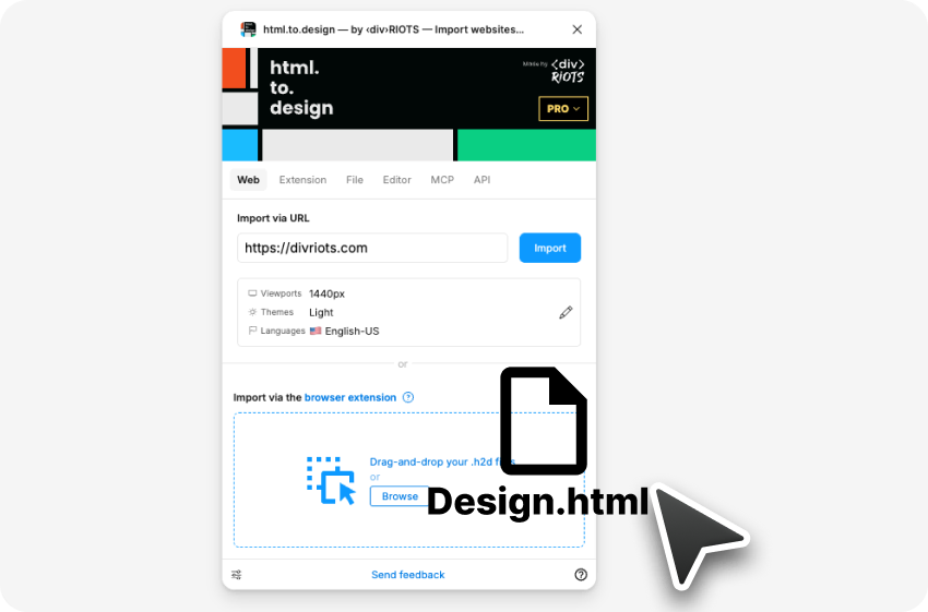 Screenshot of dragging an HTML file into html.to.design Figma plugin.