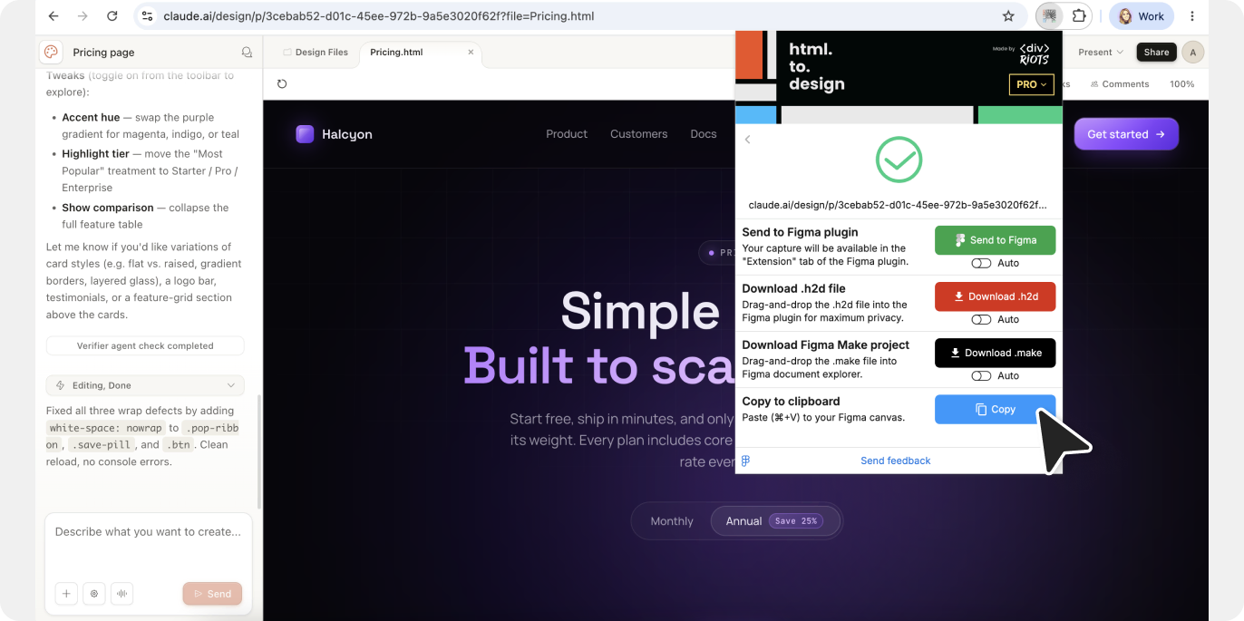 Screenshot of copy to clipboard option in html.to.design extension.
