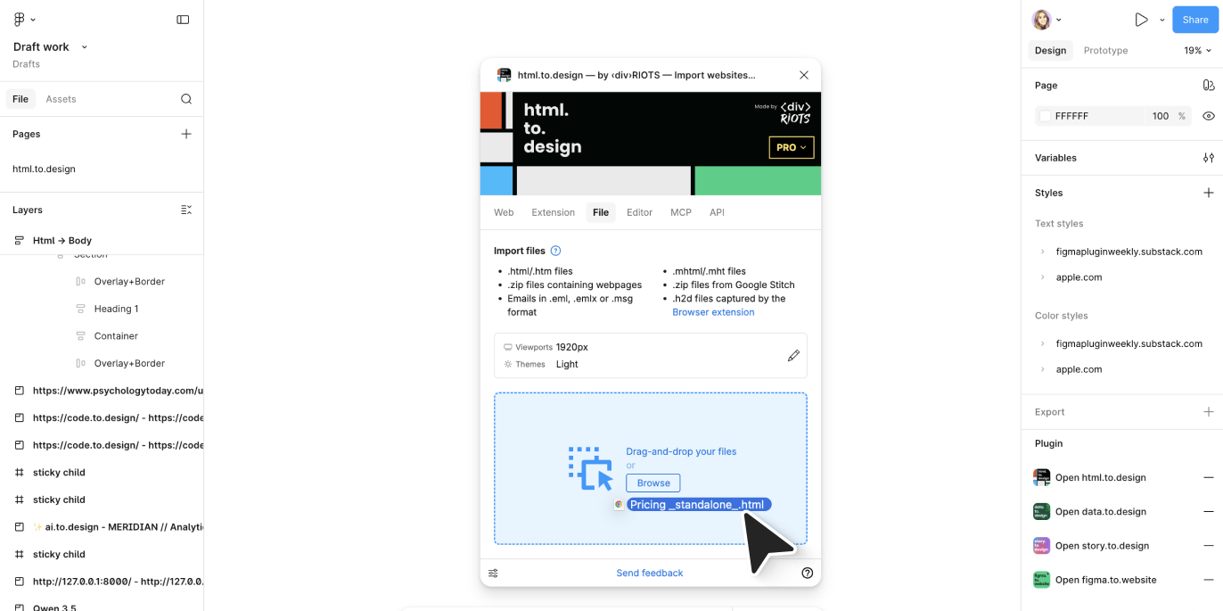 Screenshot of dropping HTML file in html.to.design.