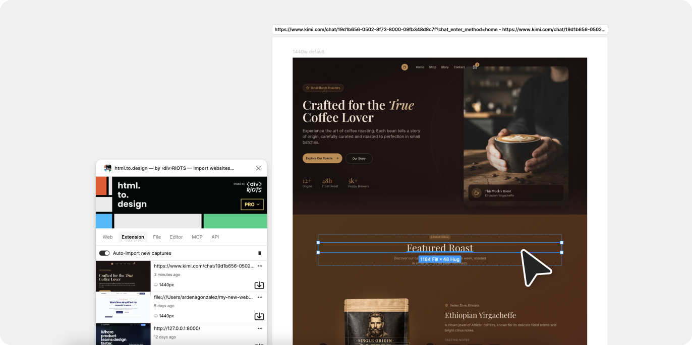 Screenshot of Kimi site imported into Figma with html.to.design.