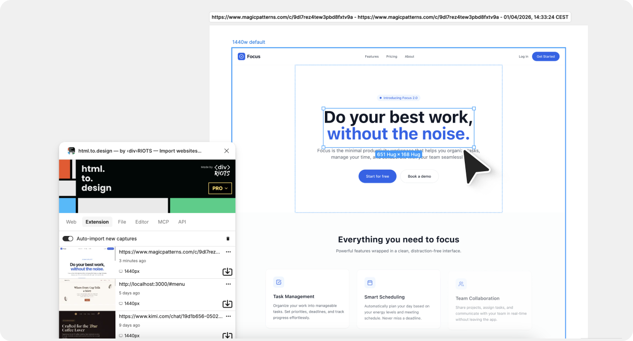 Screenshot of our AI-generated Magic Patterns landing page imported in Figma with html.to.design.