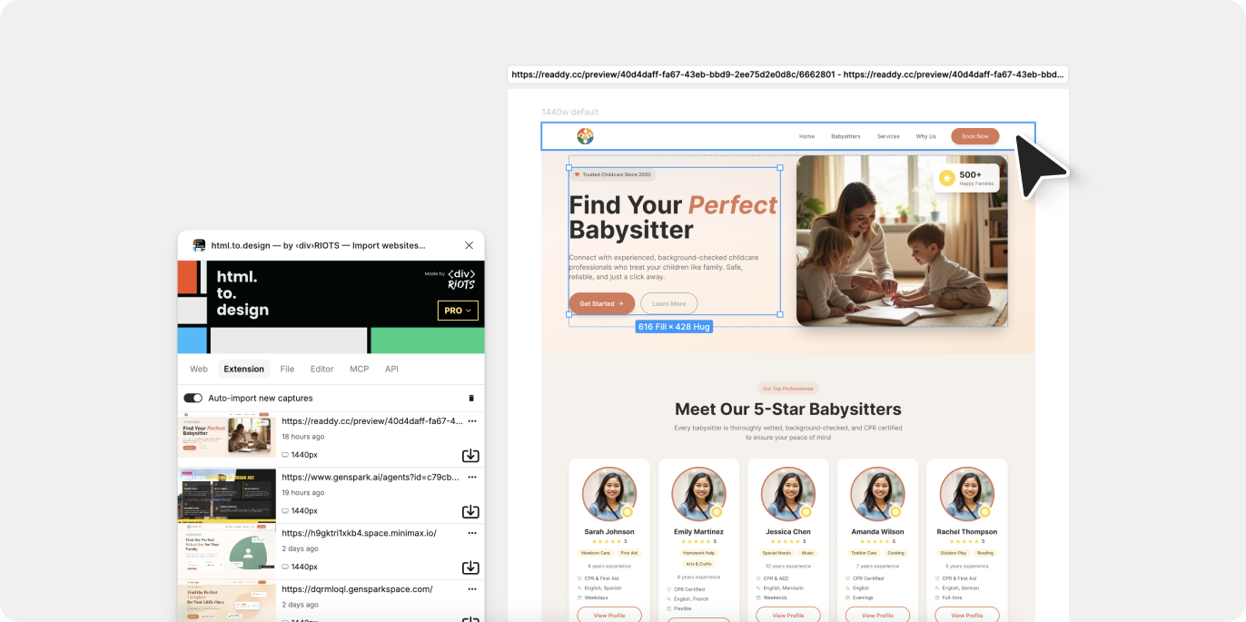Screenshot of importing Readdy designs in Figma.