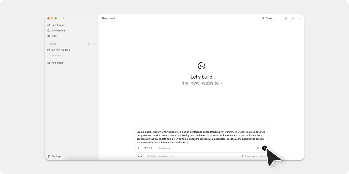 Screenshot of OpenAI Codex app with a written prompt.