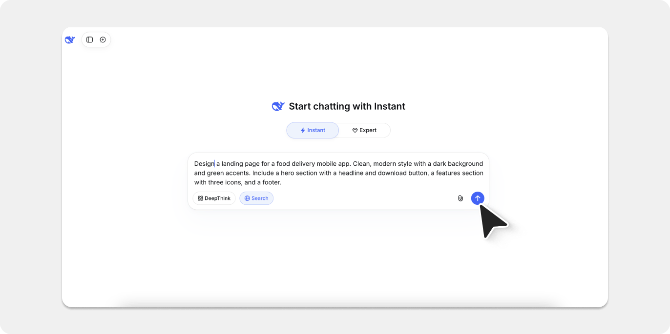 Example of a prompt in Deepseek to generate a landing page.