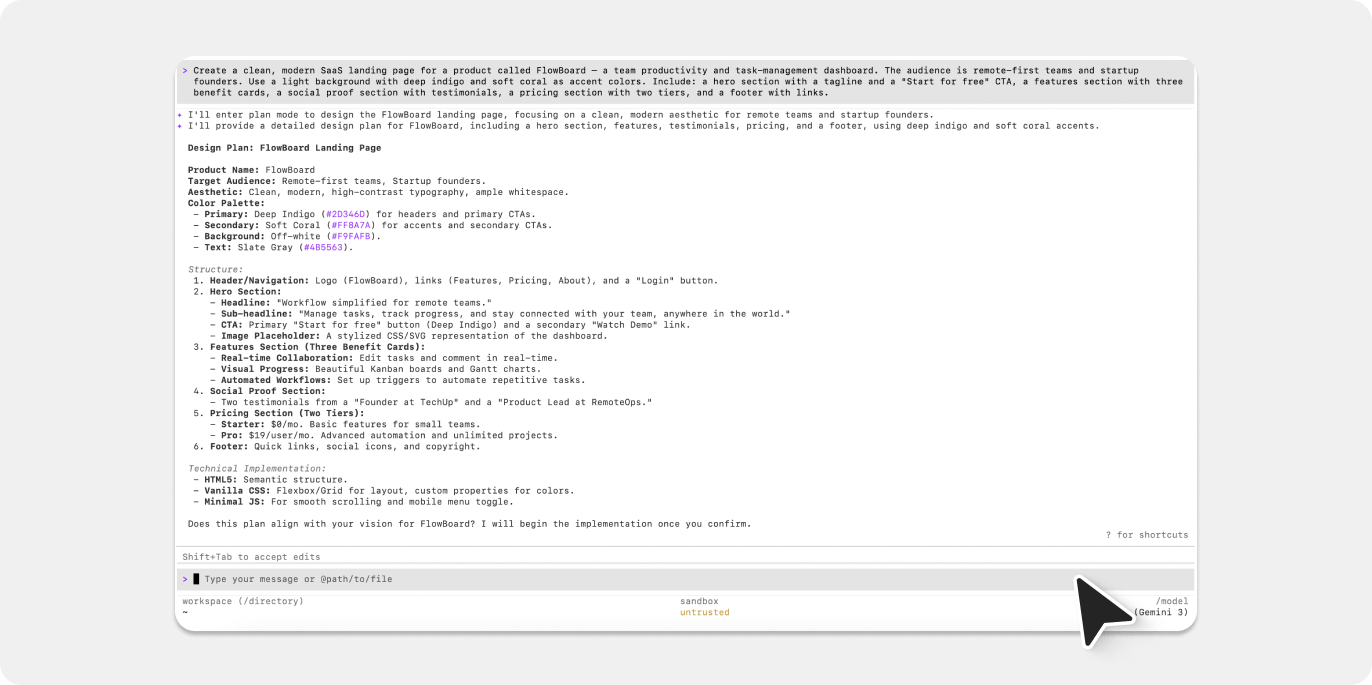 Screenshot of Gemini CLI working in a terminal with a written prompt.