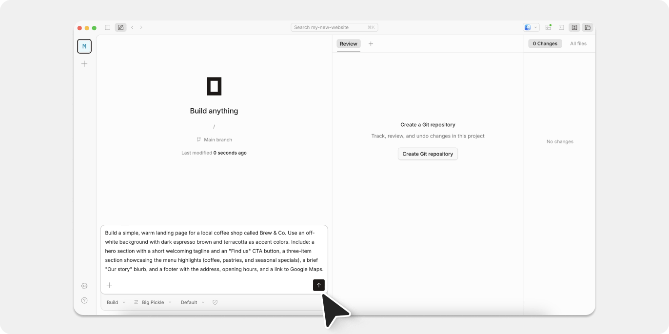 Screenshot of Opencode app with a written prompt.