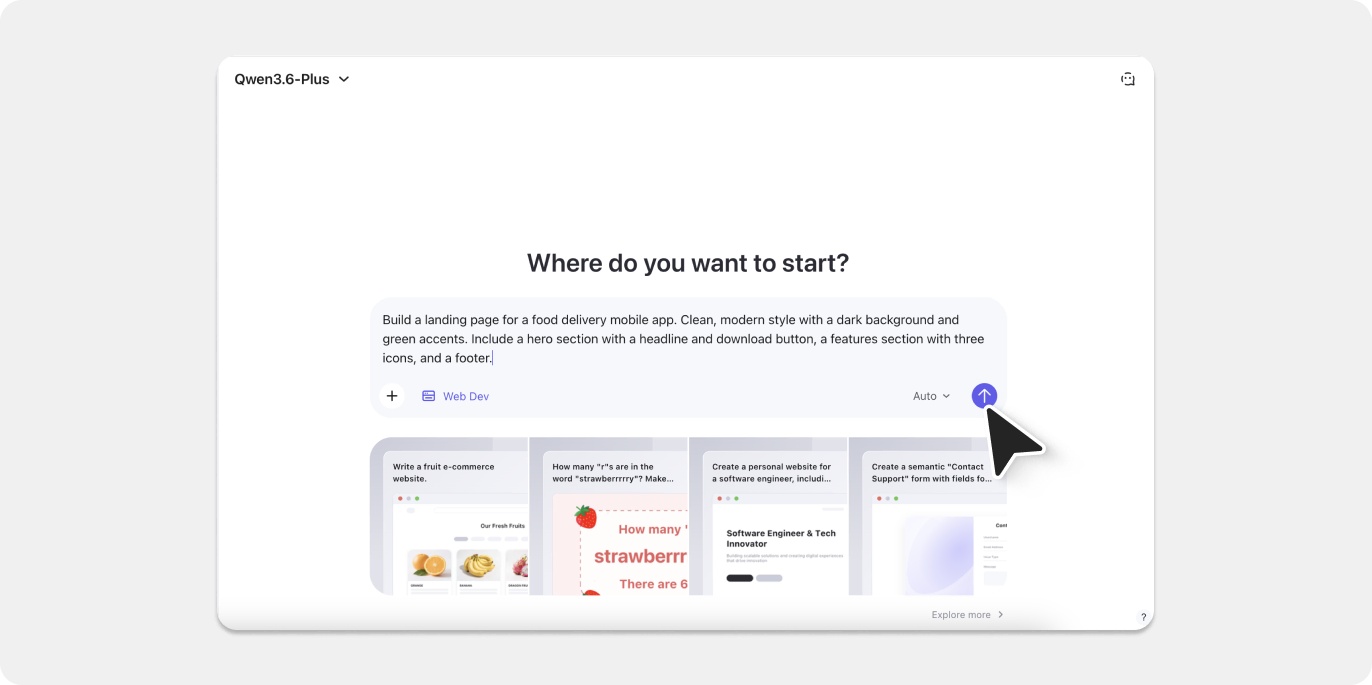 Example of a prompt in Qwen to generate a landing page.
