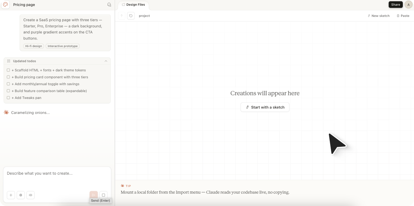 Screenshot of Claude Design chat interface.