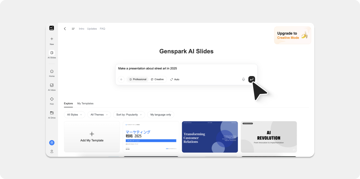 Screenshot of Genspark AI Slides interface.