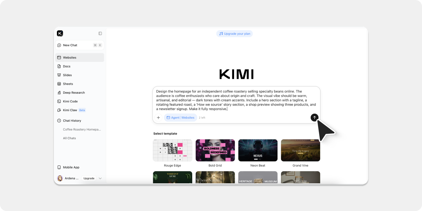 Screenshot of AI tool Kimi.com