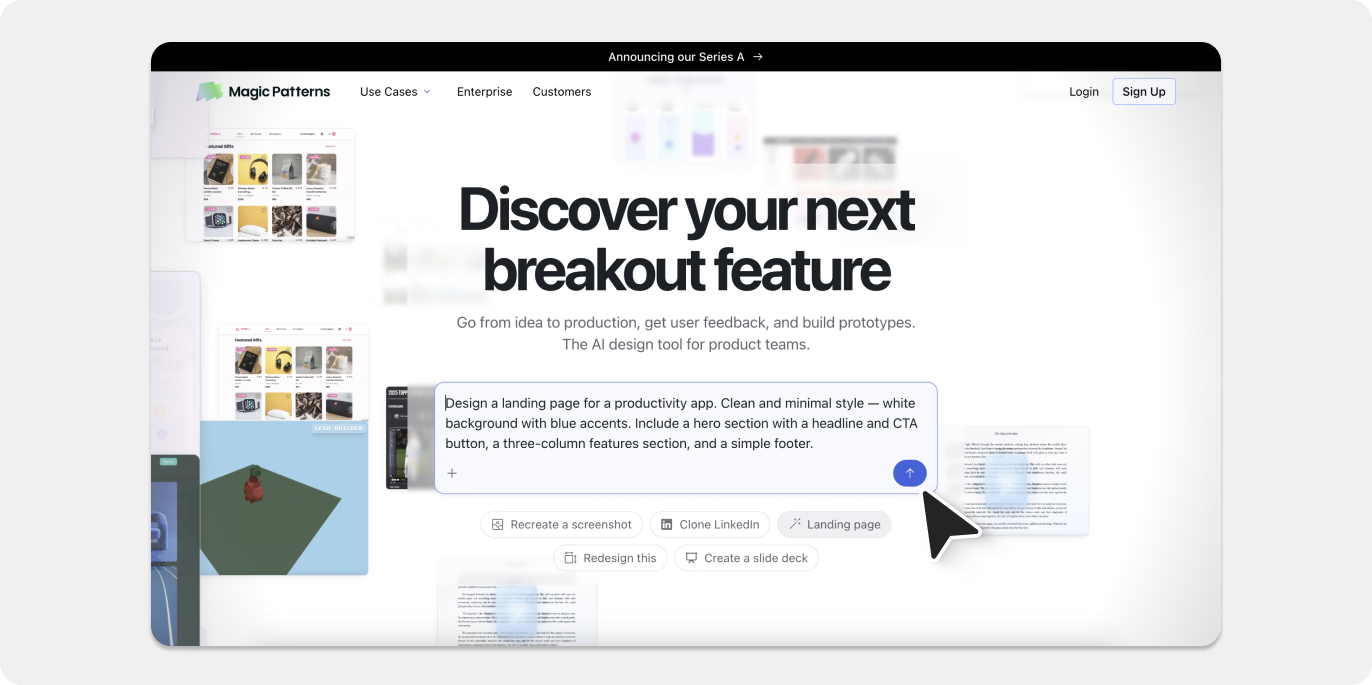 Screenshot of Magic Patterns website with a prompt to design a landing page.