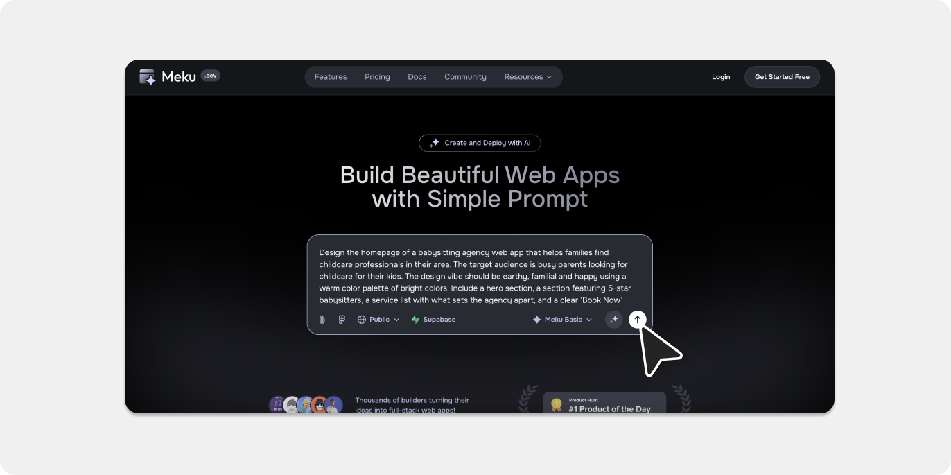 Screenshot of how to generate designs with AI in Meku.dev