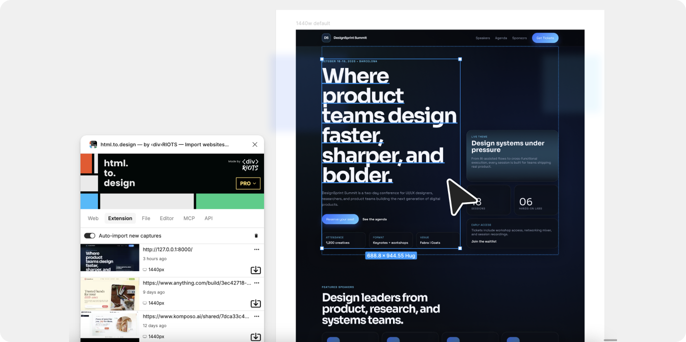 Screenshot of our Codex-generated website in Figma imported using the html.to.design Figma plugin.