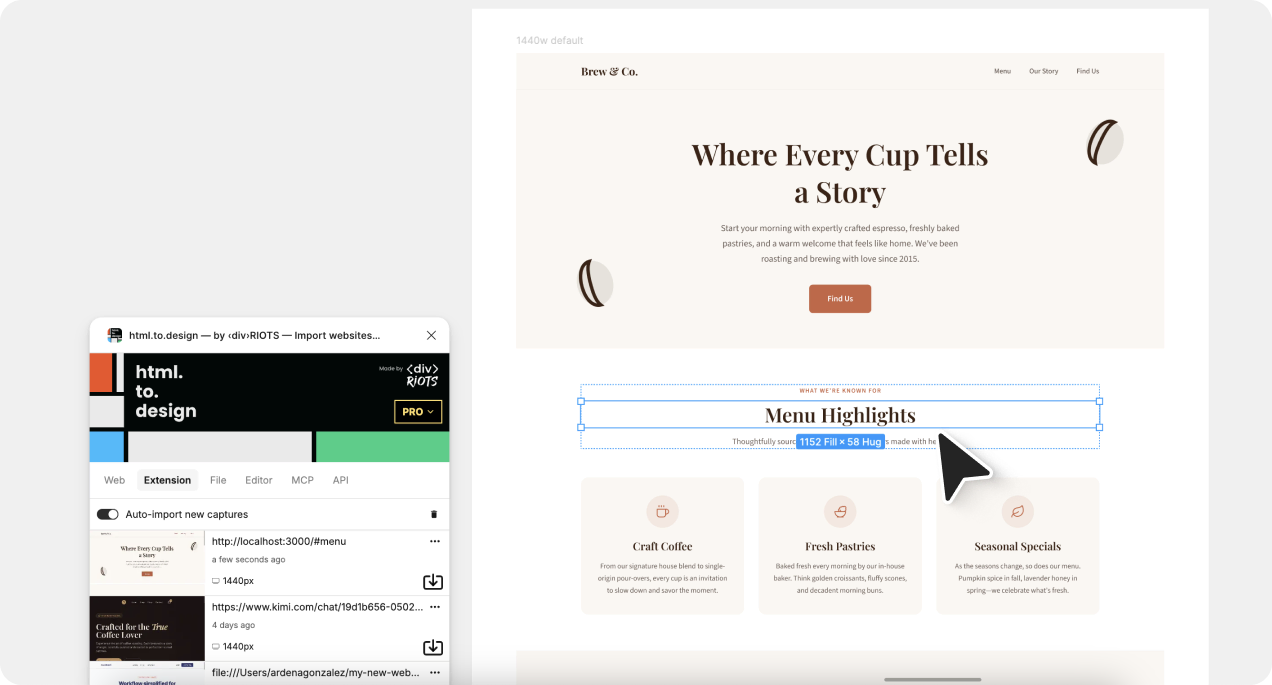 Screenshot of our Opencode-generated website in Figma imported using the html.to.design Figma plugin.