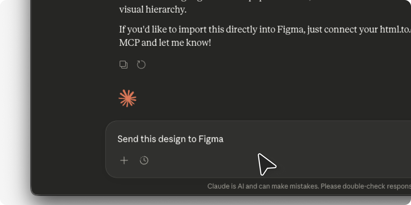 Screenshot of send to Figma prompt in Claude when importing via MCP.