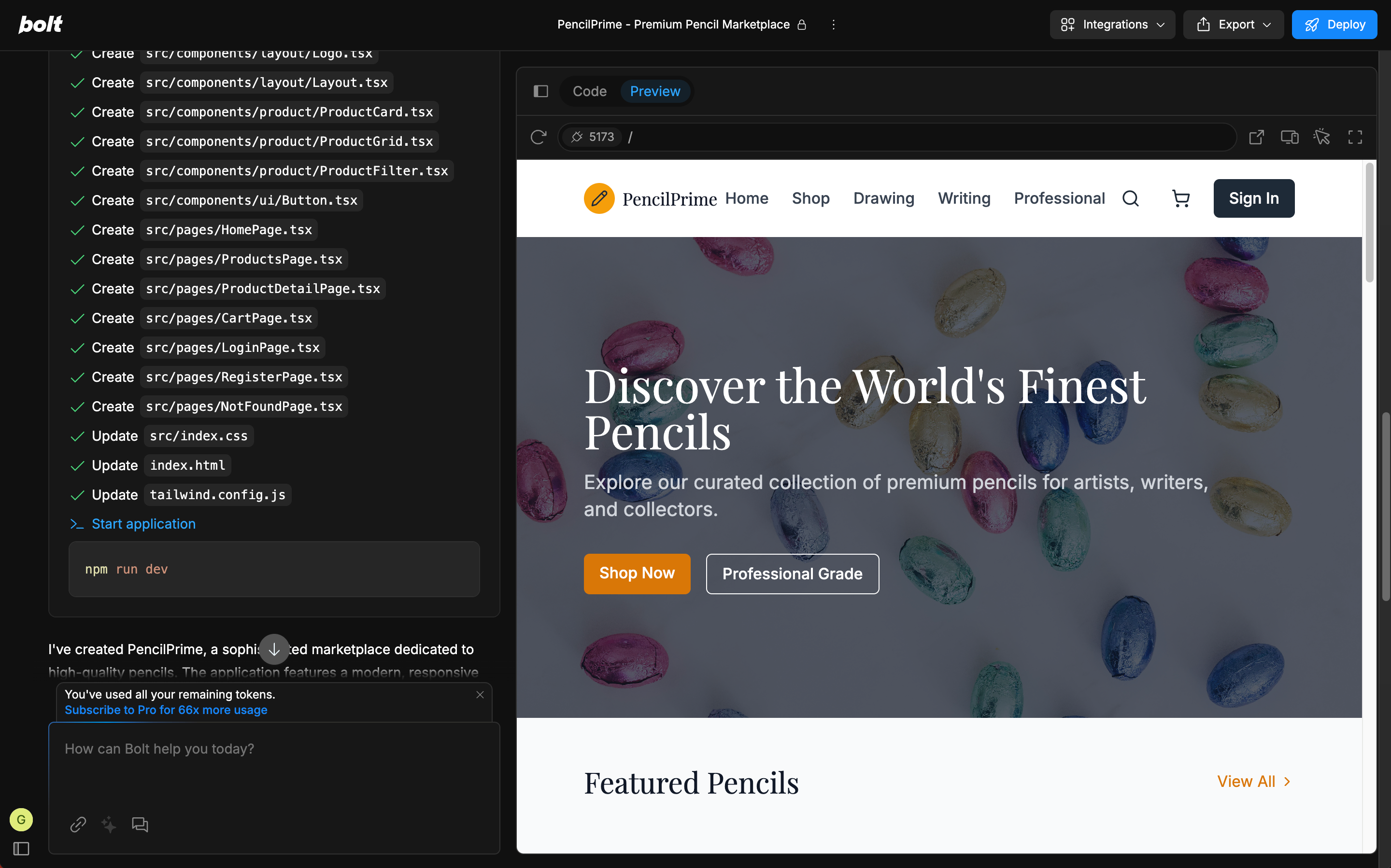 Bolt.new AI generating a web layout based on a user's text prompt.