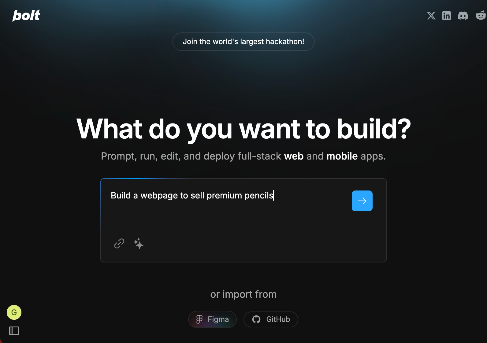 Startup screen of Bolt with prompt: Build a webpage to sell premium pencils