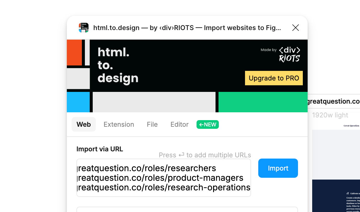 Screenshot of html.to.design plugin with multiple URLs pasted