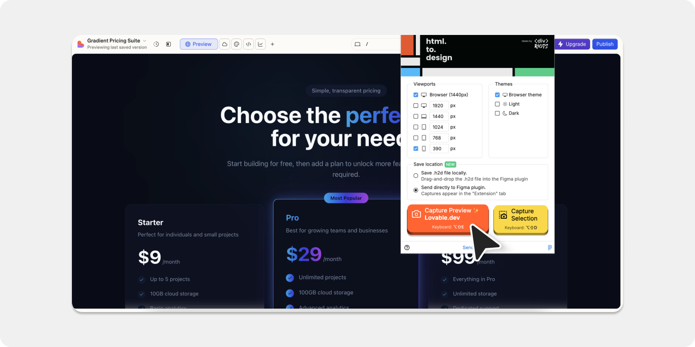 Screenshot of how to capture Lovable designs with html.to.design browser extension.