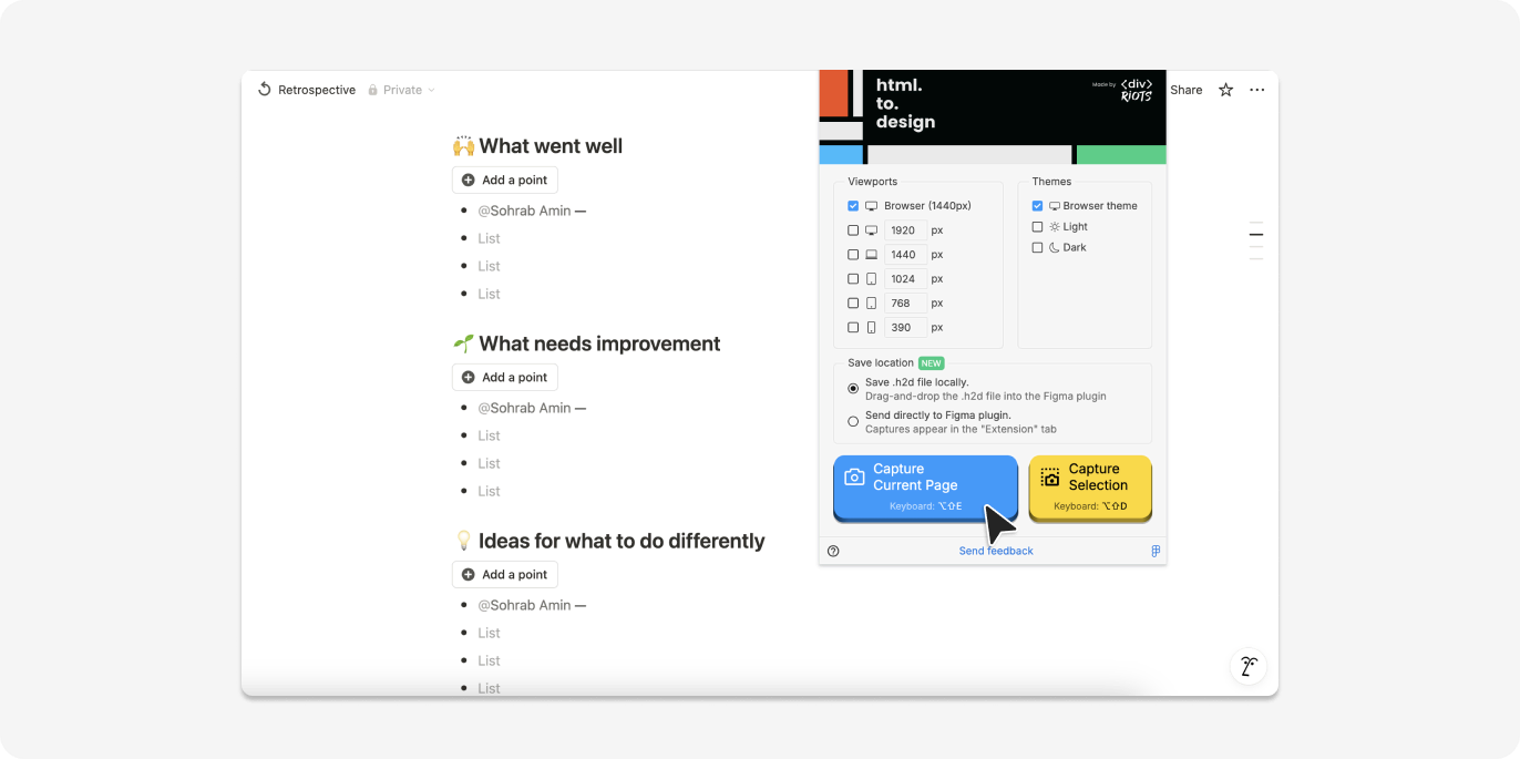 Capturing a Notion page with html.to.design Chrome extension.