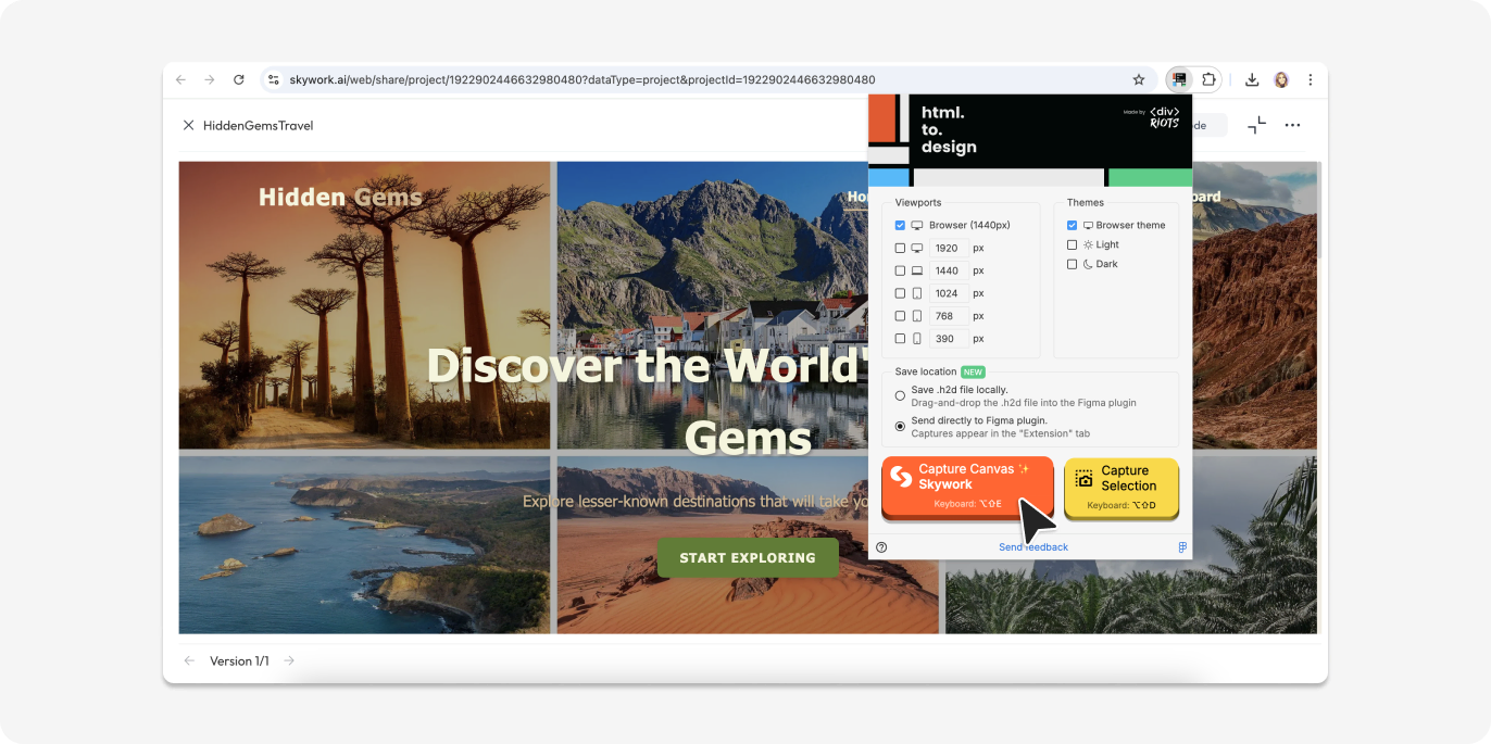 Capturing our Skywork AI-generated designs with the html.to.design Chrome extension.