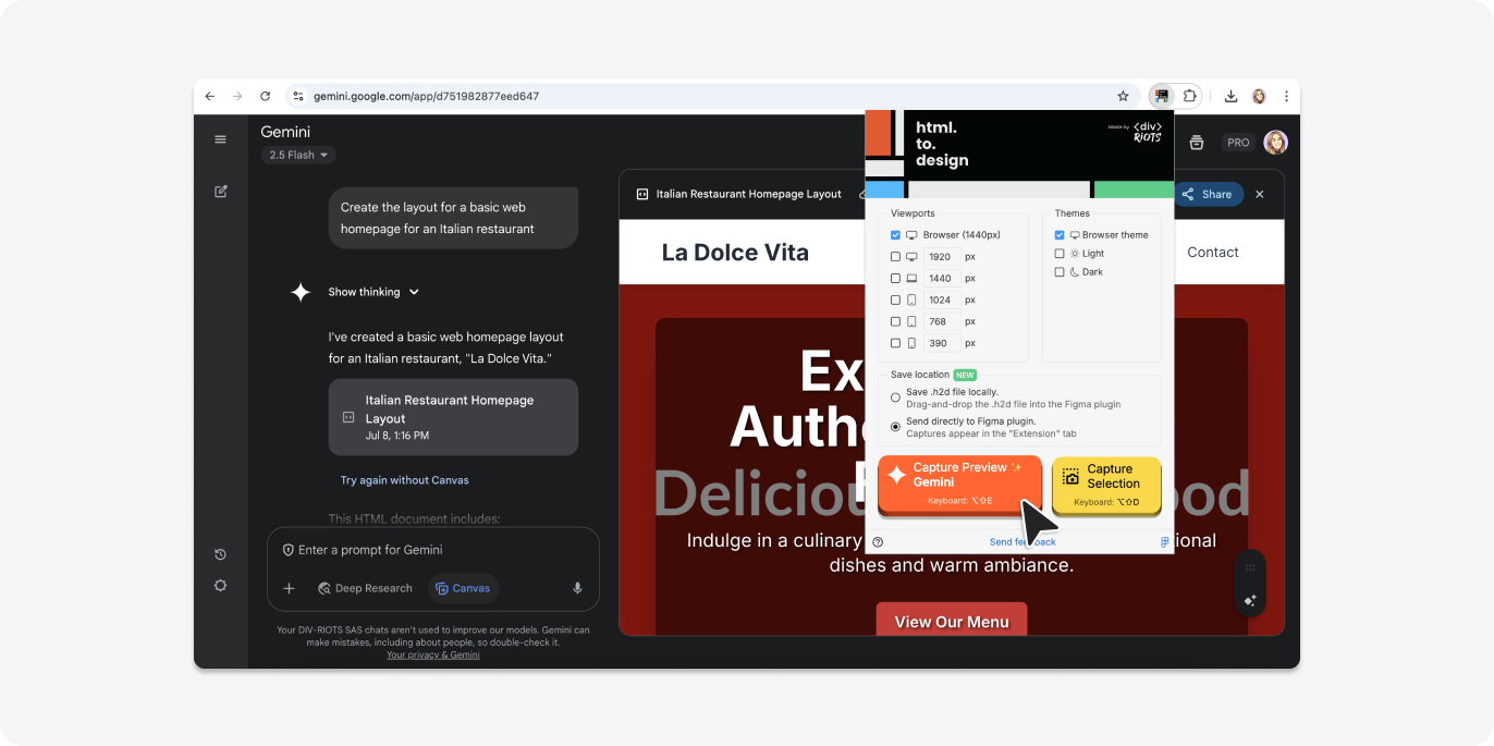 Capturing our Gemini AI-generated designs with the html.to.design Chrome extension.
