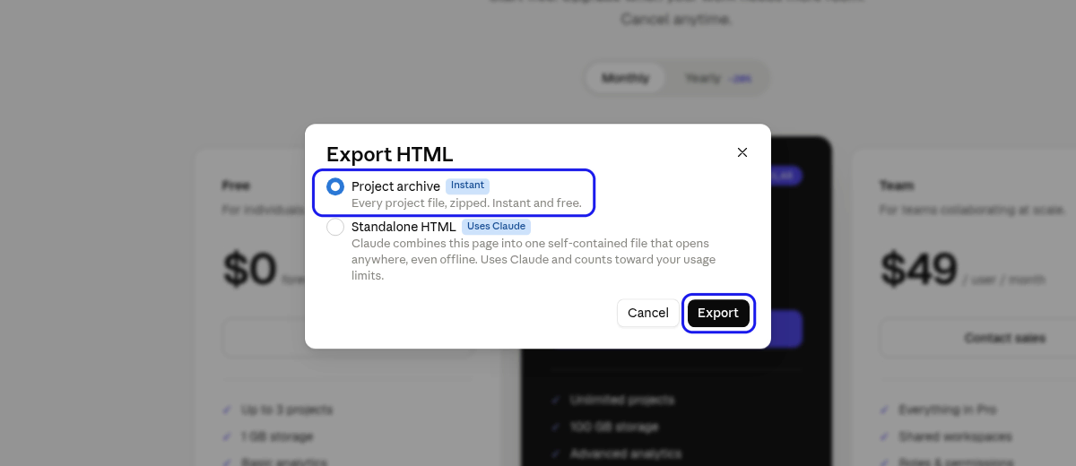 Claude Design Export HTML dialog with Project archive selected and the Export button highlighted
