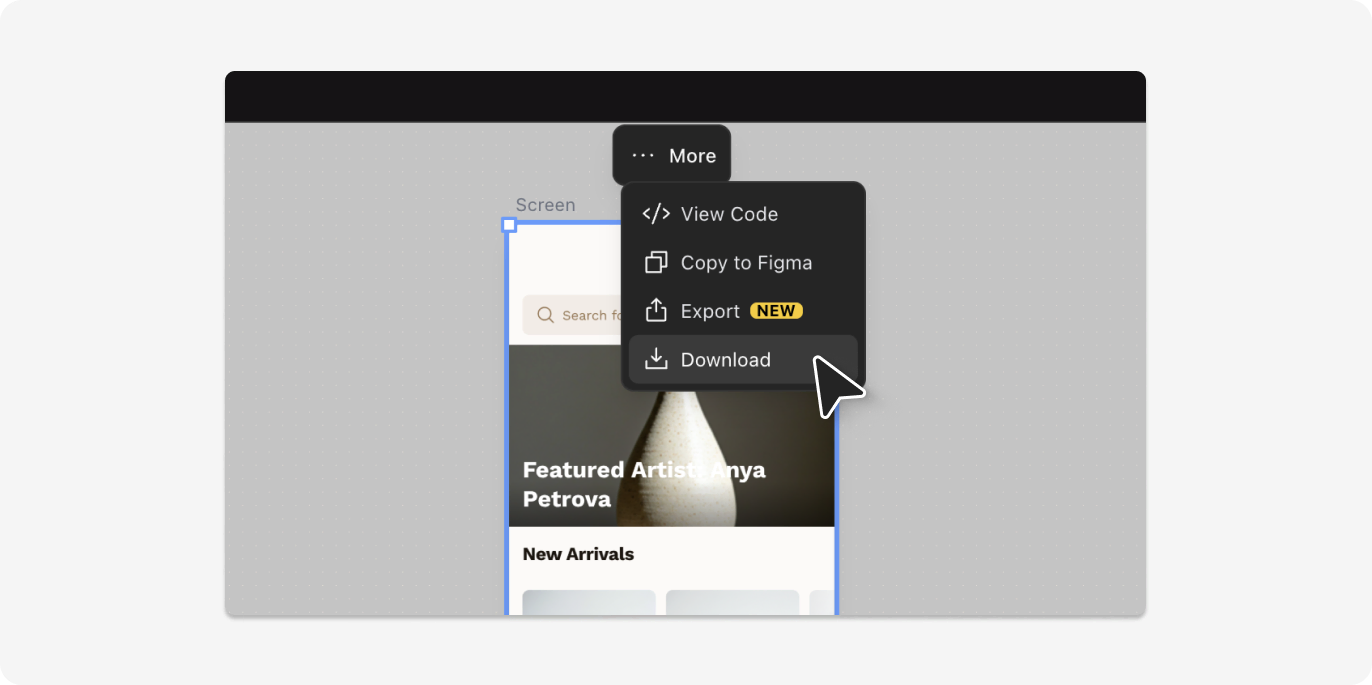 Screenshot of More options menu in Google Stitch.